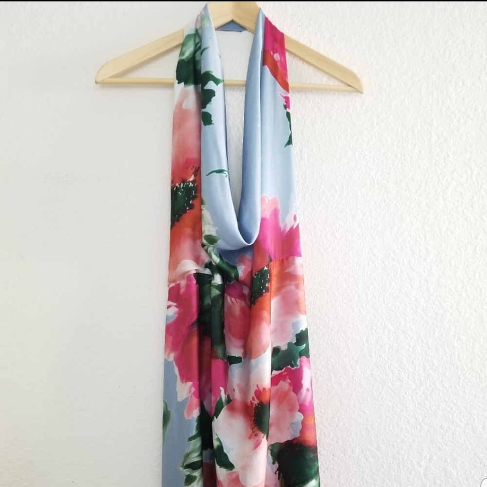 ADE' Floral Halter Asymmetric High Low Maxi Dress Size 6 Baby Blue Pink - Picture 6 of 10